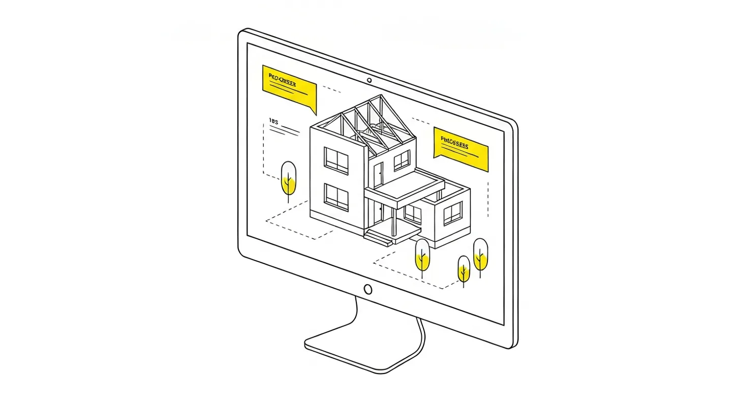 Monitor z generowanymi wariantami renderów architektonicznych