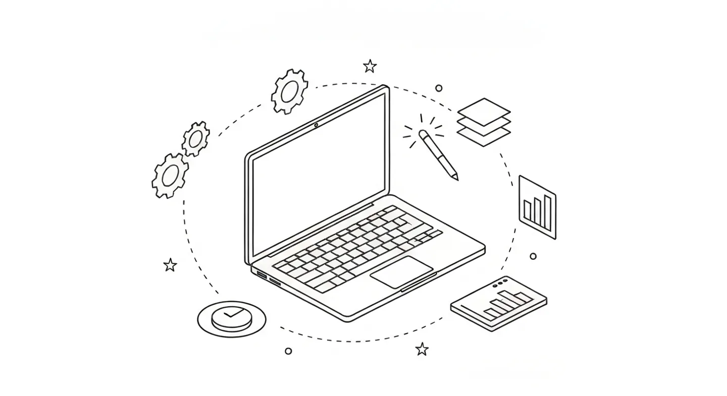Laptop architekta otoczony ikonami narzędzi do projektowania