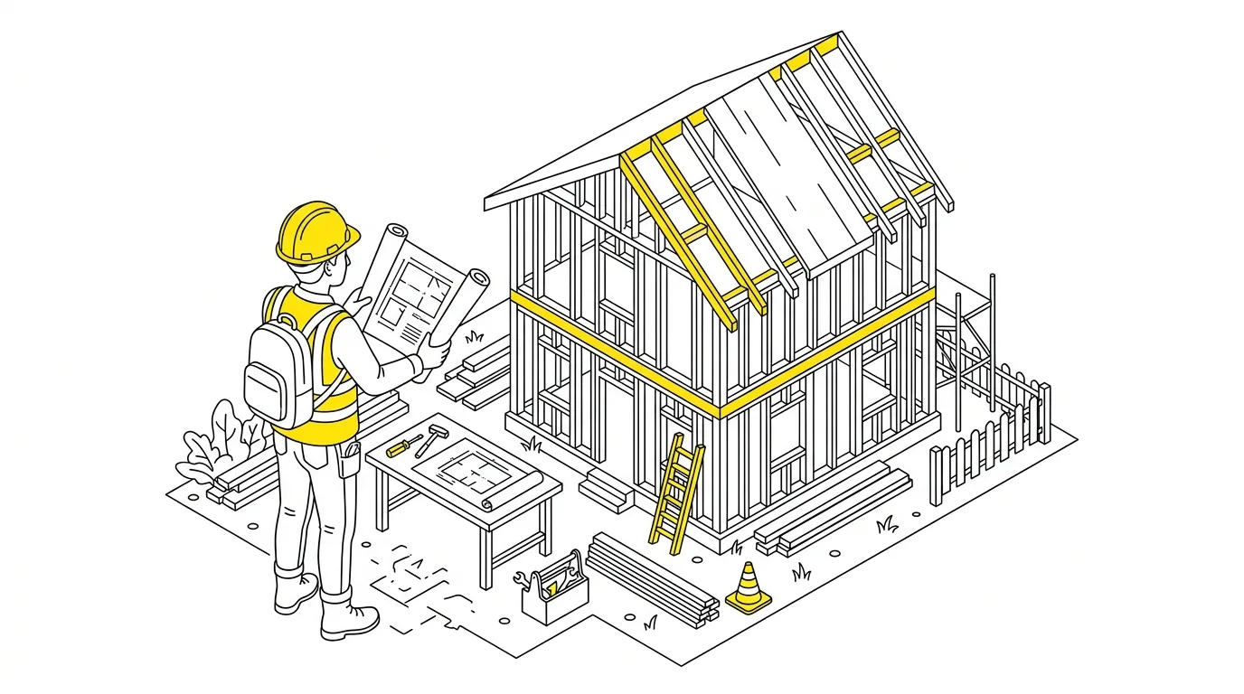 Architekt w kasku porównuje rysunki z budowanym domem